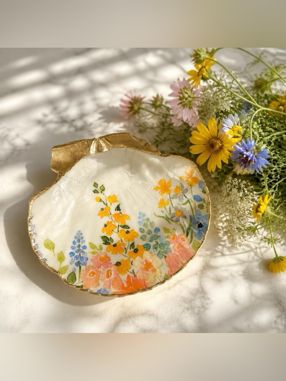 Spring Wildflower Shell Ring Dish Handmade Trinket Dish Garden Floral Gift